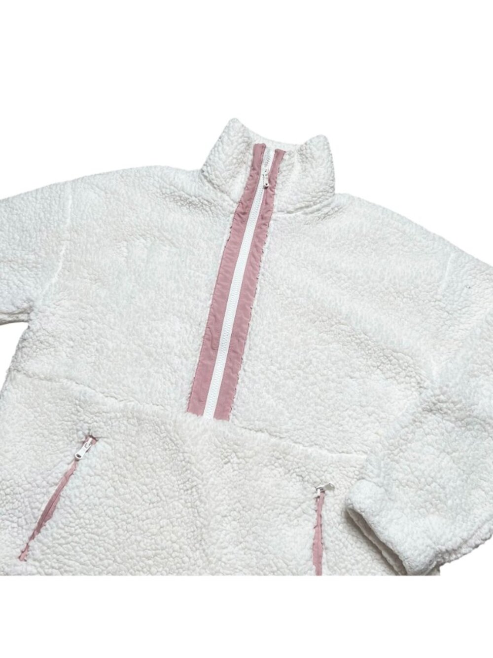 Lou & Grey Sherpa Pullover Half Zip Womens Size L Ivory Pink Cozy Teddy - Picture 2 of 4
